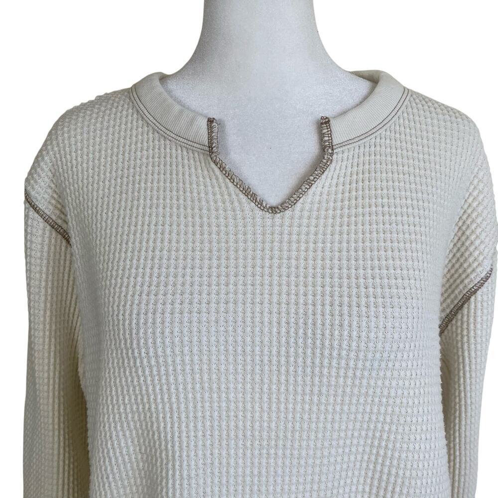 Madewell Sz M Boxy Cropped Waffle Knit Split Neck Long Sleeve Tee Antique Cream - Picture 4 of 16